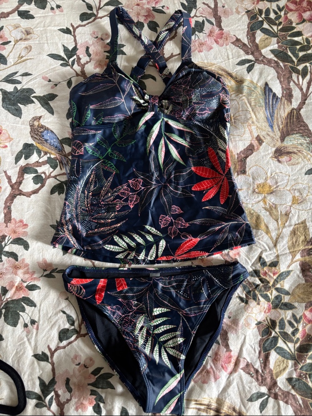 Navy Tropical Print Tankini Set with Red & Green Leaves